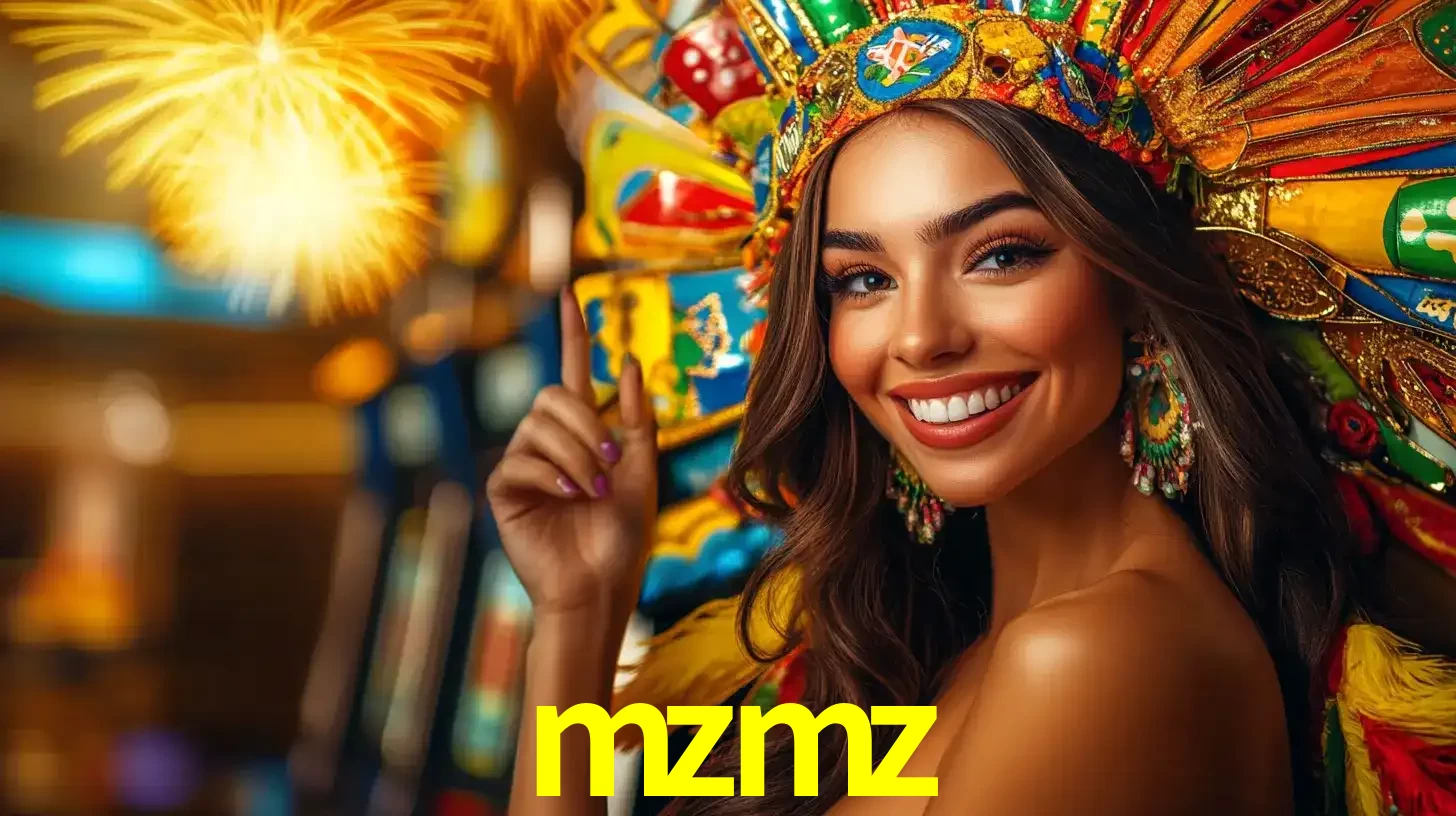 Mulher sorridente com um cocar de carnaval vibrante e colorido, celebrando uma grande vitória nos jogos do cassino mzmz com fogos de artifício ao fundo.