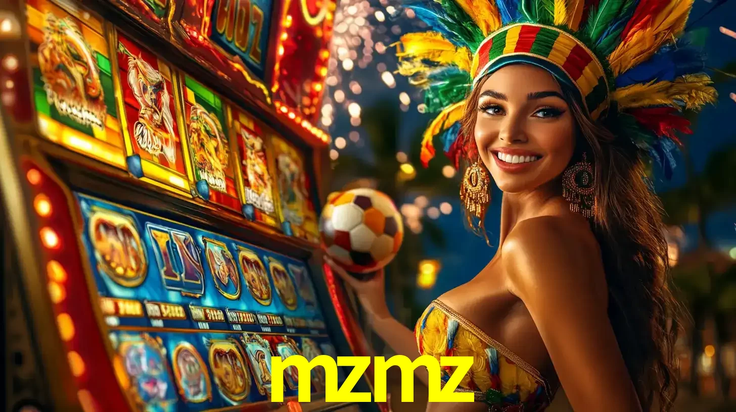 Mulher com um cocar de carnaval ao lado de uma máquina de caça-níqueis enquanto segura uma bola de futebol, mostrando a união da diversão de cassino e esportes no mzmz.
