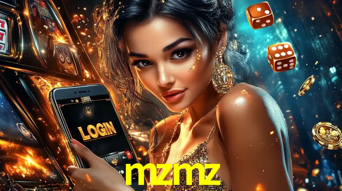 Mulher glamourosa segurando um celular com a tela de login do cassino mzmz, rodeada por dados e moedas douradas, pronta para começar a diversão.
