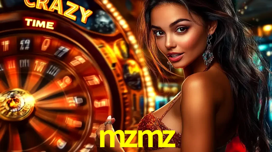 Mulher ao lado da roda de prêmios do jogo de cassino ao vivo Crazy Time, um dos shows de jogos mais emocionantes oferecidos pela plataforma de apostas mzmz.