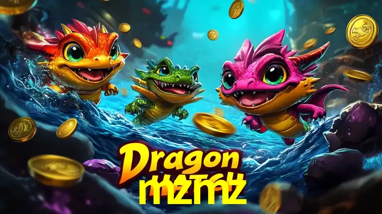 Arte promocional do jogo Dragon Hatch com três adoráveis dragões bebês nadando entre moedas de ouro, um dos slots mais divertidos para jogar no cassino mzmz.