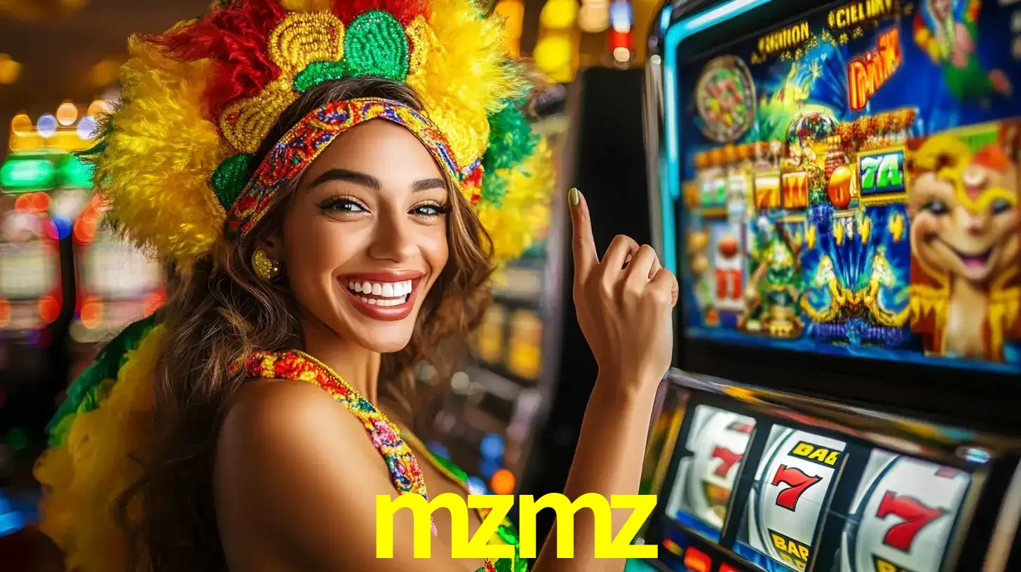 Mulher animada com um cocar de carnaval apontando para uma máquina de caça-níqueis, mostrando a emoção de ganhar um grande prêmio nos jogos do mzmz.