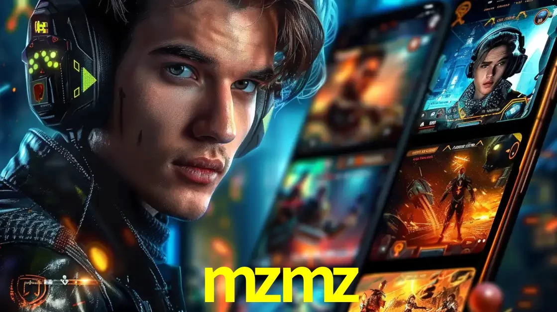 Jovem jogador com fones de ouvido olhando para a câmera, com um aplicativo de jogos e e-sports para celular ao fundo, pronto para a competição e apostas no mzmz.