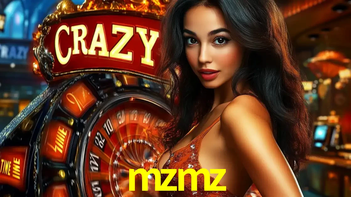 Mulher glamourosa olhando para a câmera com a roda vermelha do Crazy Time ao fundo em um ambiente de cassino, destacando a emoção dos jogos ao vivo no mzmz.