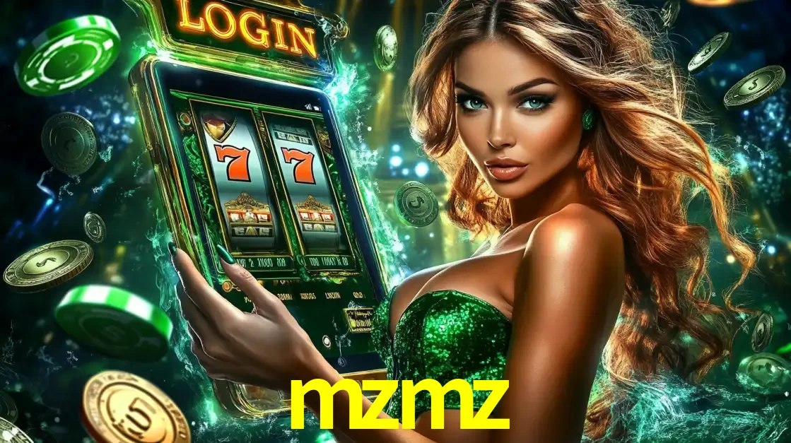 Mulher com tema verde apresentando o aplicativo do cassino mzmz com um jogo de slot de 777, cercada por fichas de cassino e uma aura de sorte.