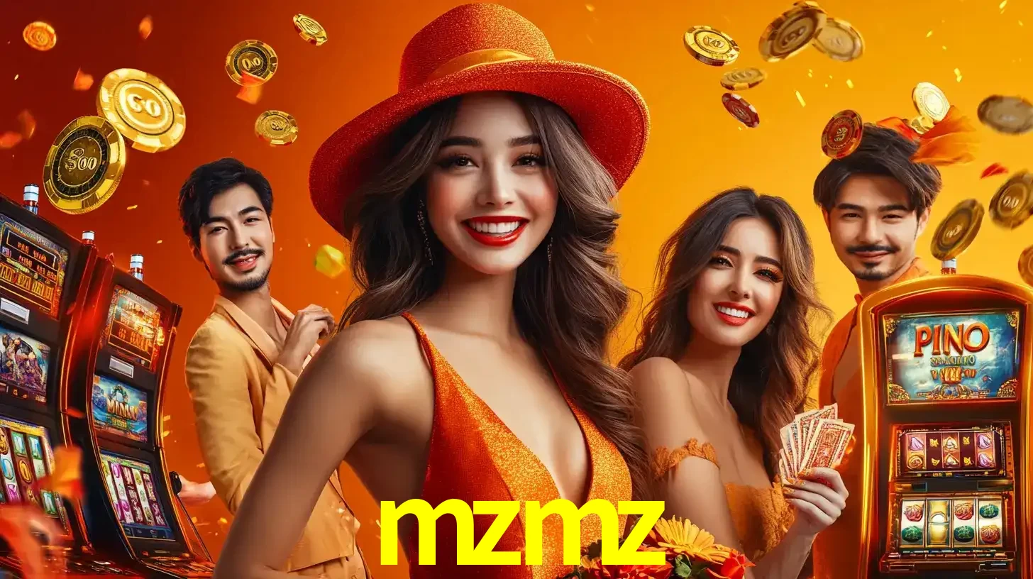 Grupo de amigos asiáticos sorrindo e se divertindo com máquinas de caça-níqueis em um ambiente festivo, celebrando suas vitórias nos jogos de cassino do mzmz.