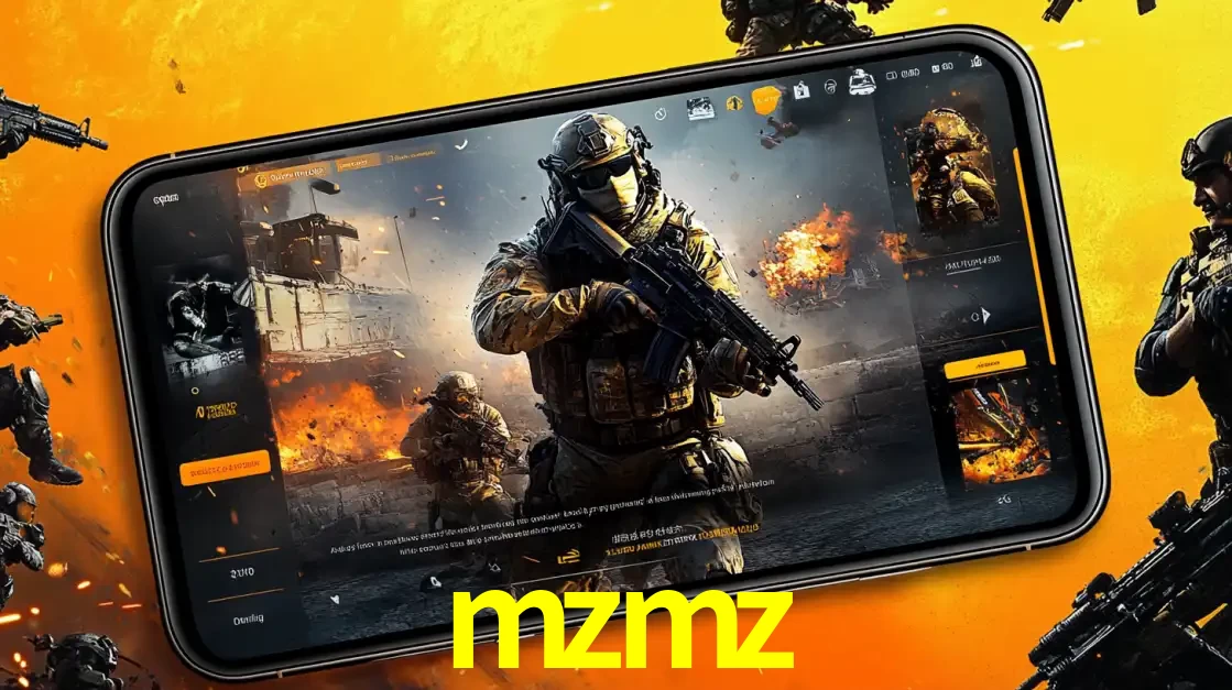 Um smartphone exibindo a interface de um jogo de tiro em primeira pessoa, com um soldado em um cenário de batalha, representando a ação dos e-sports para apostar no mzmz.