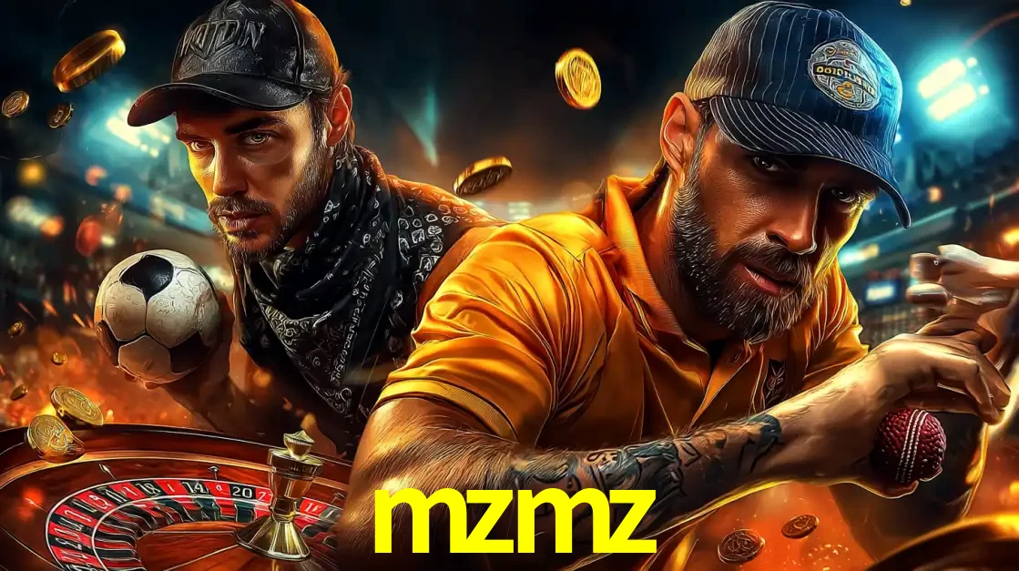 Montagem de apostas esportivas e cassino no mzmz, com um homem segurando uma bola de futebol e outro uma de beisebol sobre uma roleta e moedas voadoras.