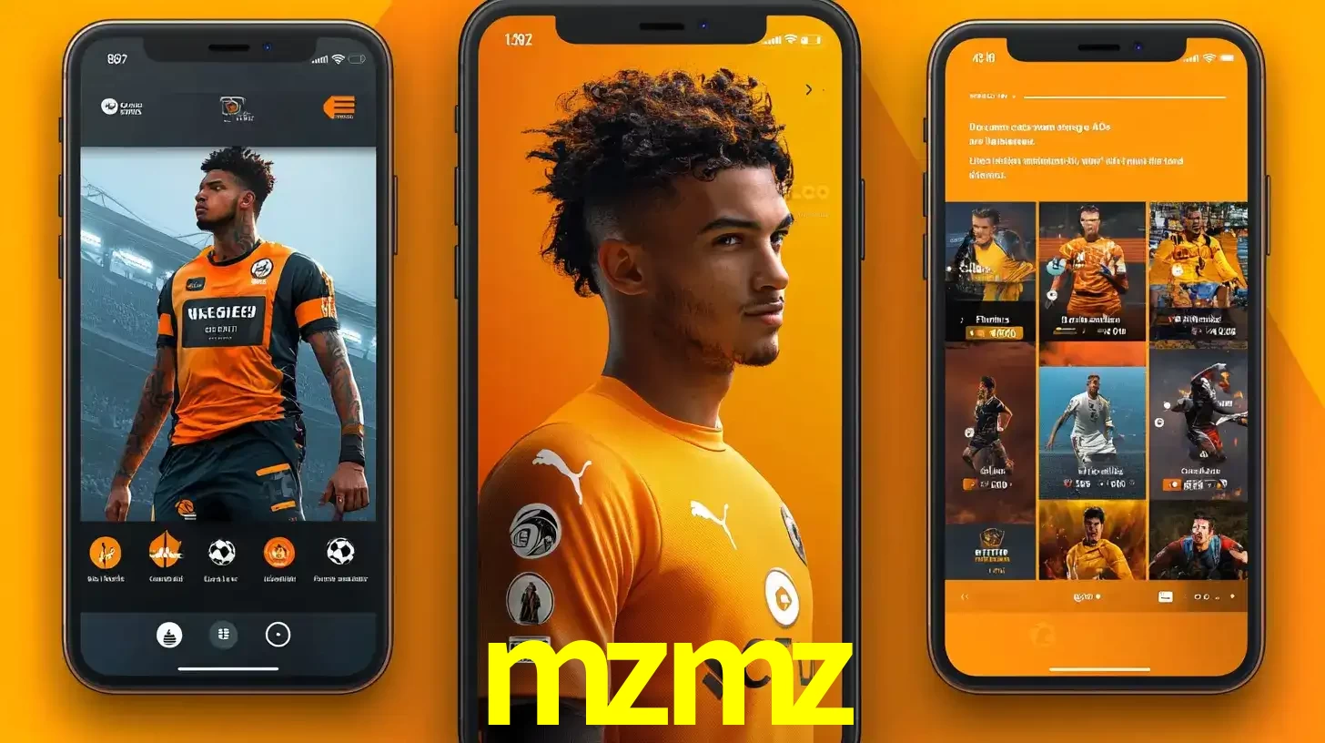 Interface do aplicativo de apostas esportivas mzmz em três telas de celular, mostrando o perfil de um jogador de futebol e a lista de jogos disponíveis para apostar.