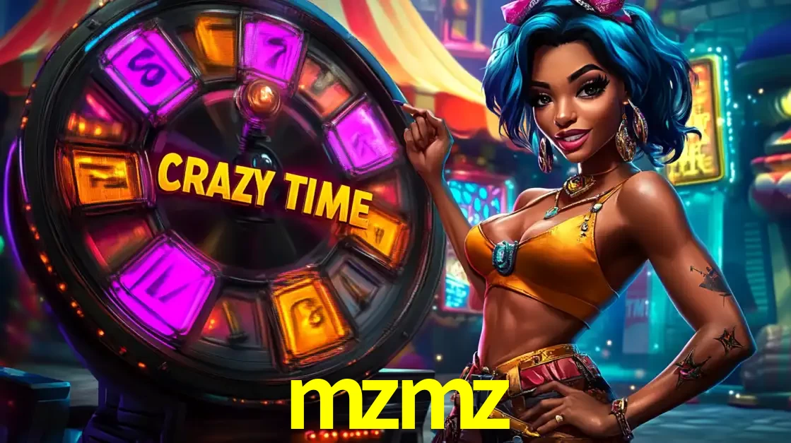 Mulher estilizada com cabelo azul e visual vibrante posando ao lado da roda de prêmios do game show Crazy Time, convidando para a diversão e os bônus do cassino mzmz.