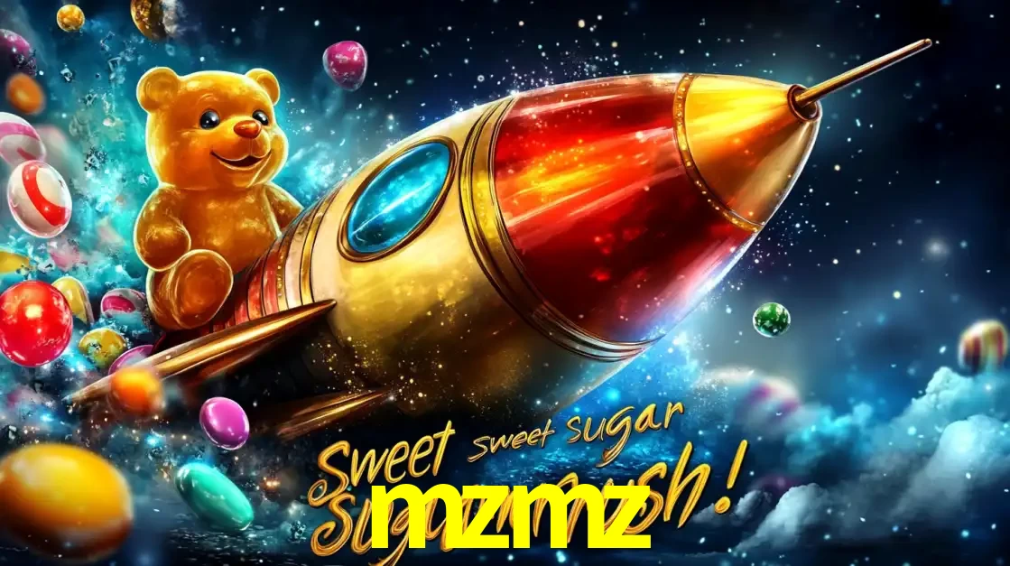 Arte promocional do jogo de slot Sugar Rush, com um urso de pelúcia em um foguete viajando pelo espaço de doces, um dos jogos divertidos disponíveis no cassino mzmz.