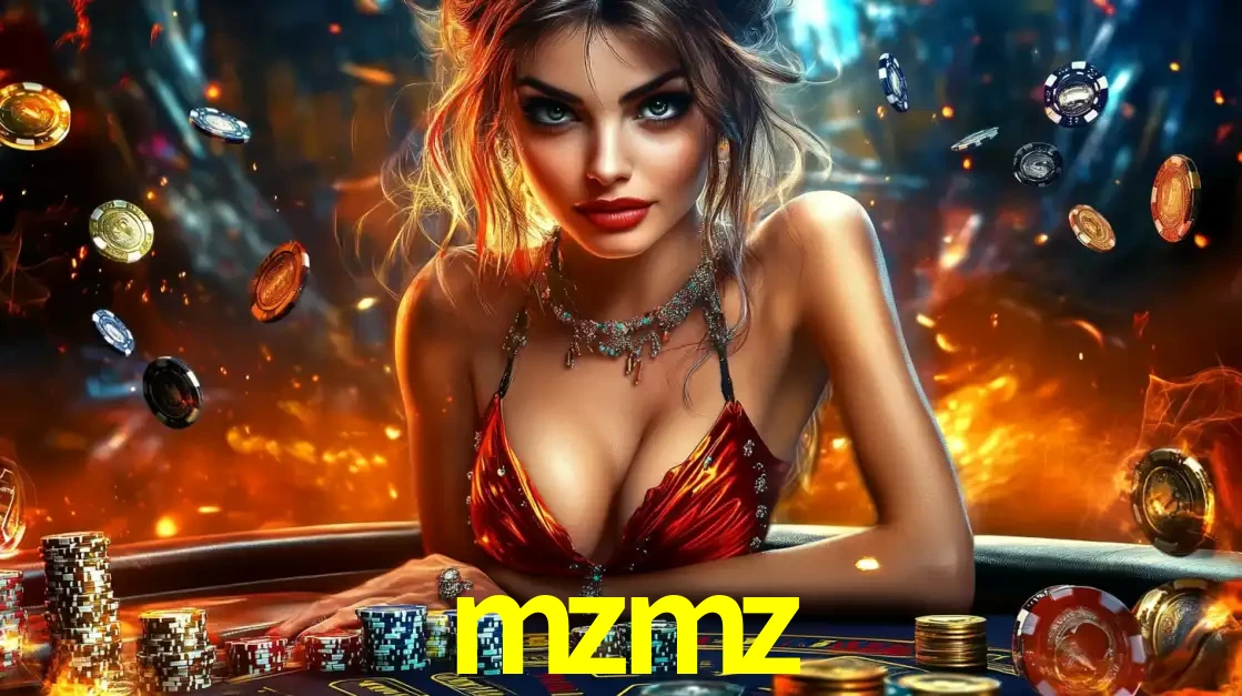 Mulher em uma mesa de cassino com pilhas de fichas e um fundo de fogo, pronta para uma rodada de altas apostas nos jogos de mesa emocionantes do cassino mzmz.