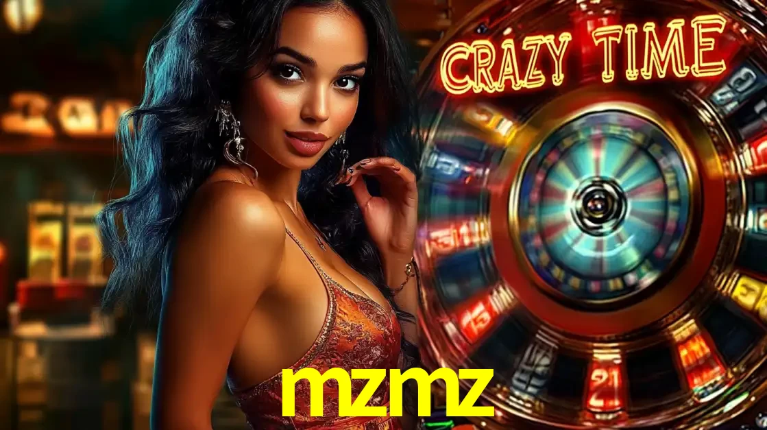 Mulher elegante ao lado da vibrante roda da fortuna do jogo de cassino ao vivo Crazy Time, um dos game shows mais populares e cheios de prêmios do mzmz.