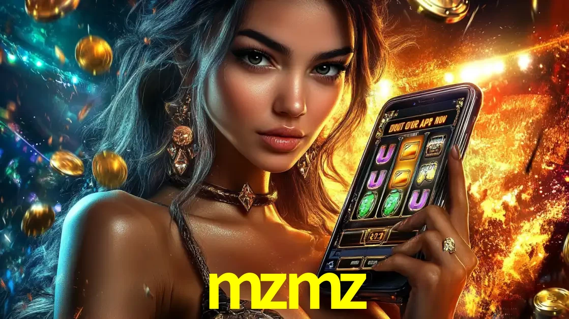 Mulher elegante mostrando um jogo de caça-níqueis em seu smartphone, destacando a experiência de cassino móvel oferecida pelo aplicativo mzmz.