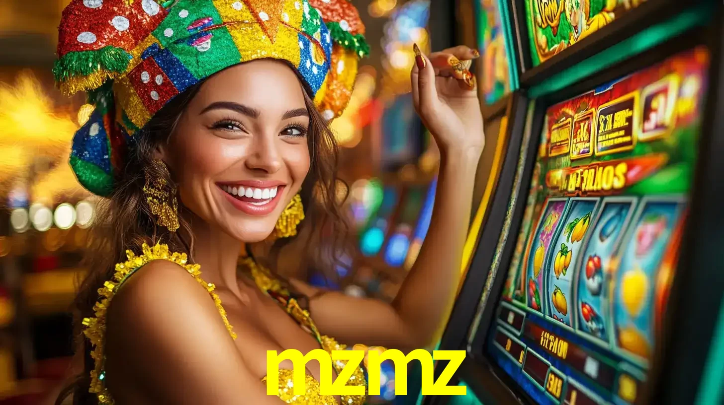 Mulher feliz com traje de carnaval amarelo e colorido ao lado de uma máquina de caça-níqueis, aproveitando a diversão e os jogos temáticos do cassino mzmz.