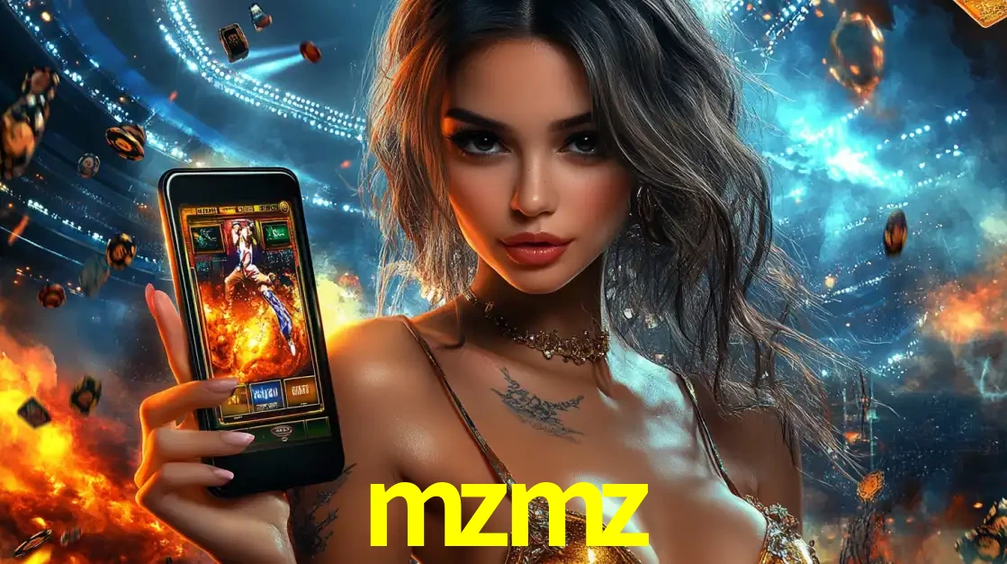Mulher segurando um celular com um jogo de slot em destaque, tendo como fundo um estádio vibrante, simbolizando a emoção de jogar no cassino móvel mzmz.