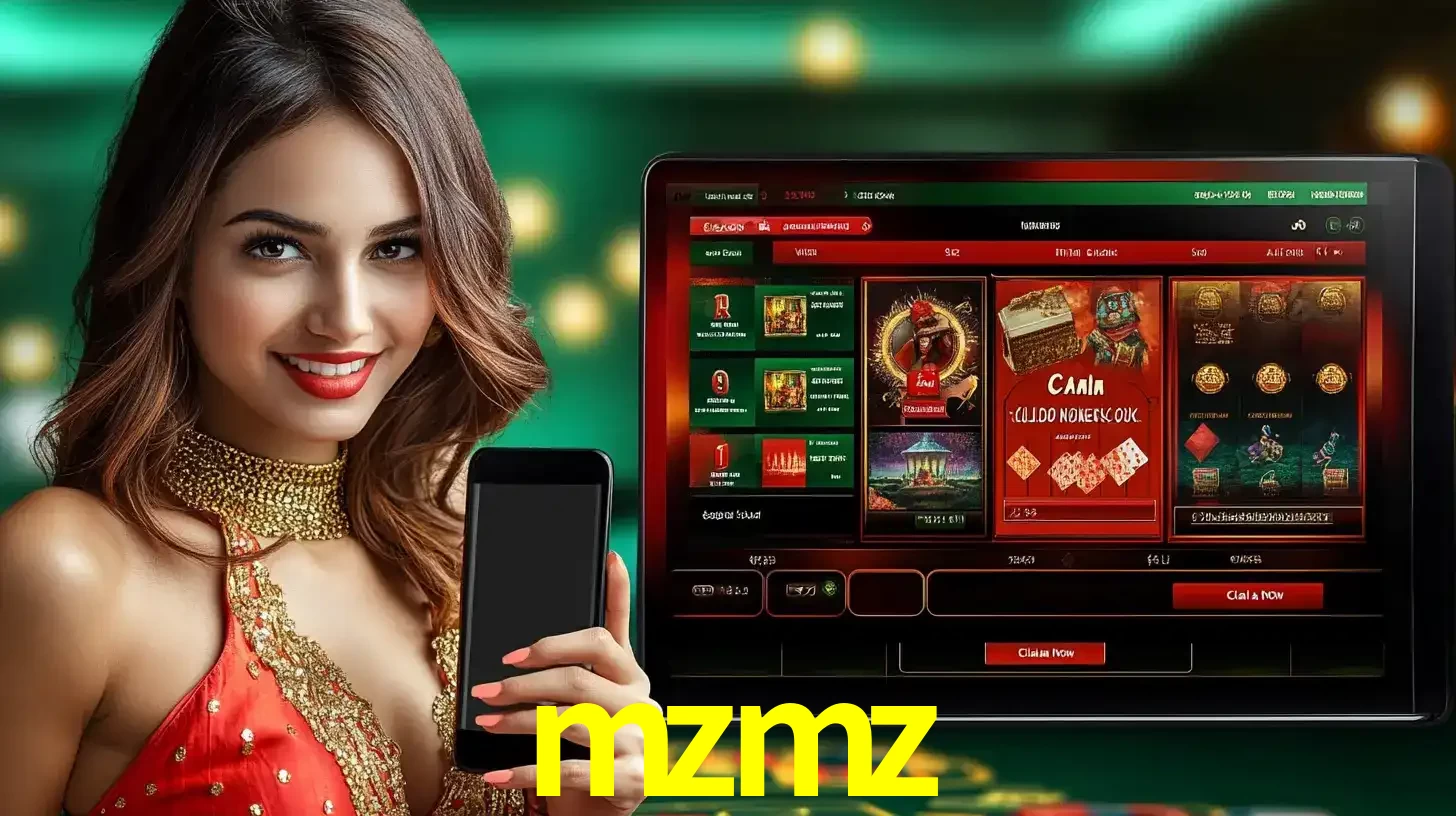 Mulher sorridente segurando um smartphone, ao lado de uma tela exibindo o lobby de jogos do cassino online mzmz, com várias opções de jogos de cartas e slots.